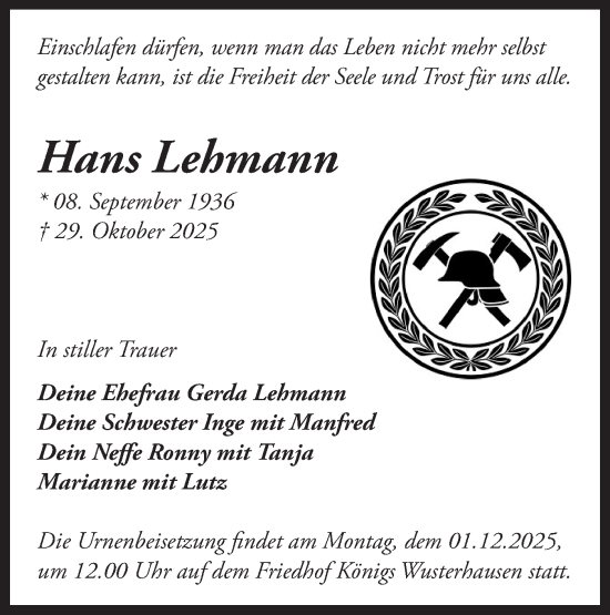 Traueranzeige von Hans Lehmann von Blickpunkt Königs Wusterhausen