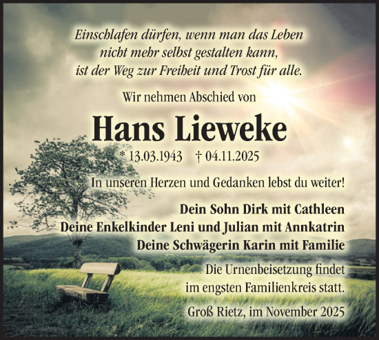 Traueranzeige von Hans Lieweke von Märkische Oderzeitung