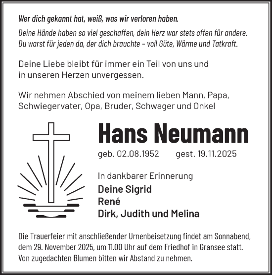 Traueranzeige von Hans Neumann von Märkische Oderzeitung