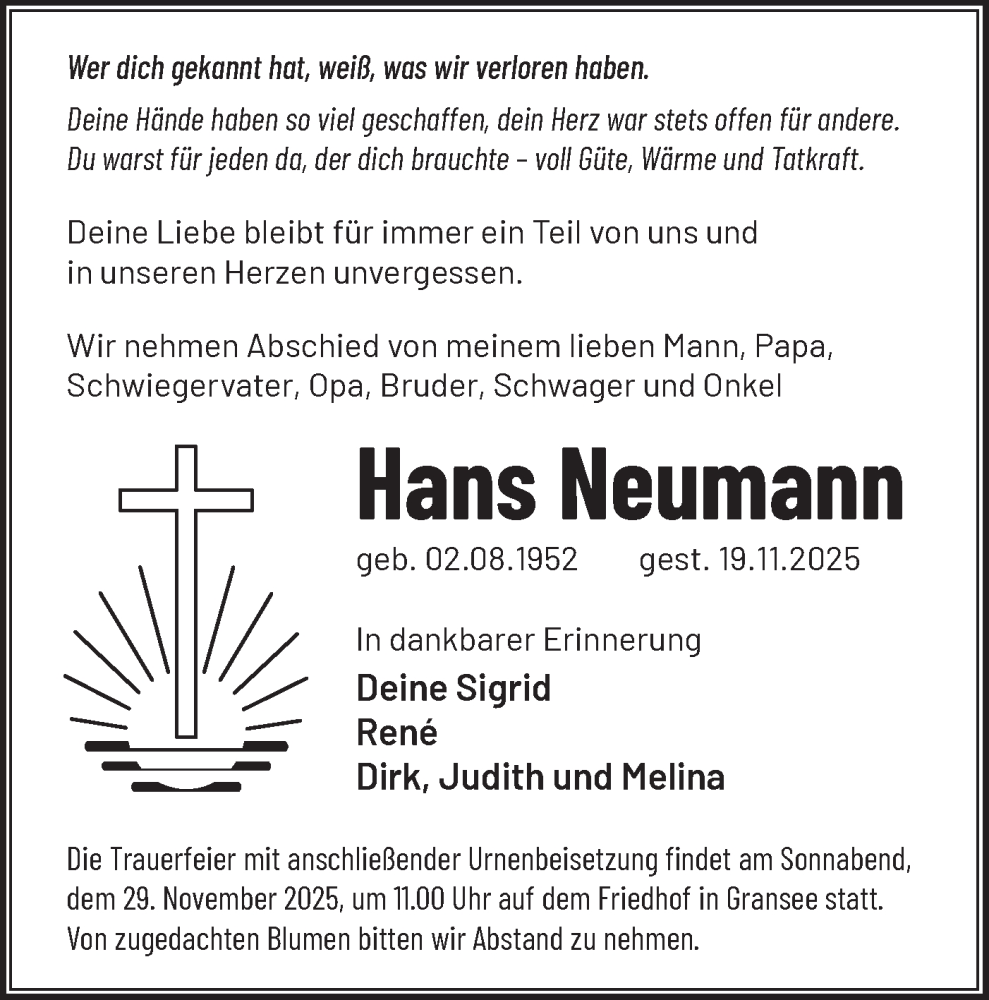  Traueranzeige für Hans Neumann vom 26.11.2025 aus Märkische Oderzeitung
