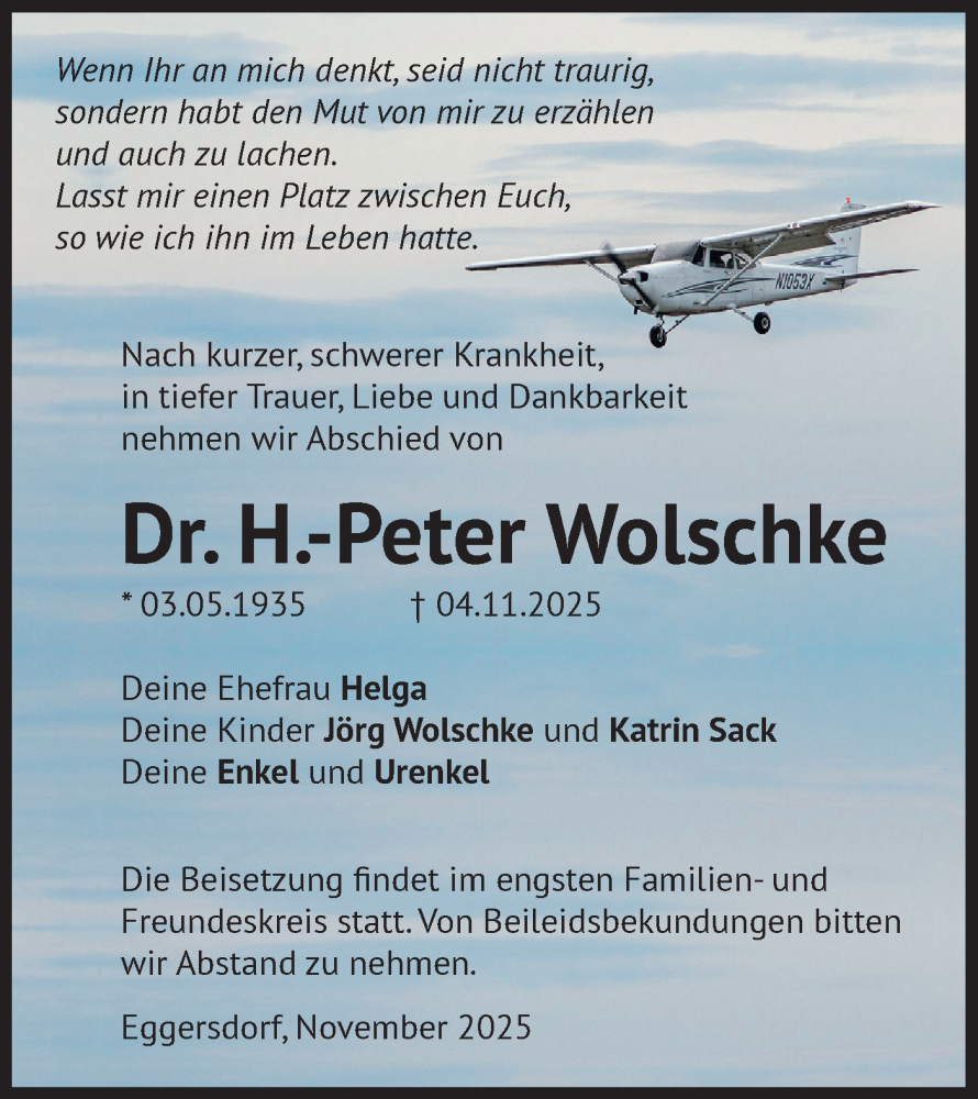  Traueranzeige für Hans-Peter Wolschke vom 15.11.2025 aus Märkische Oderzeitung