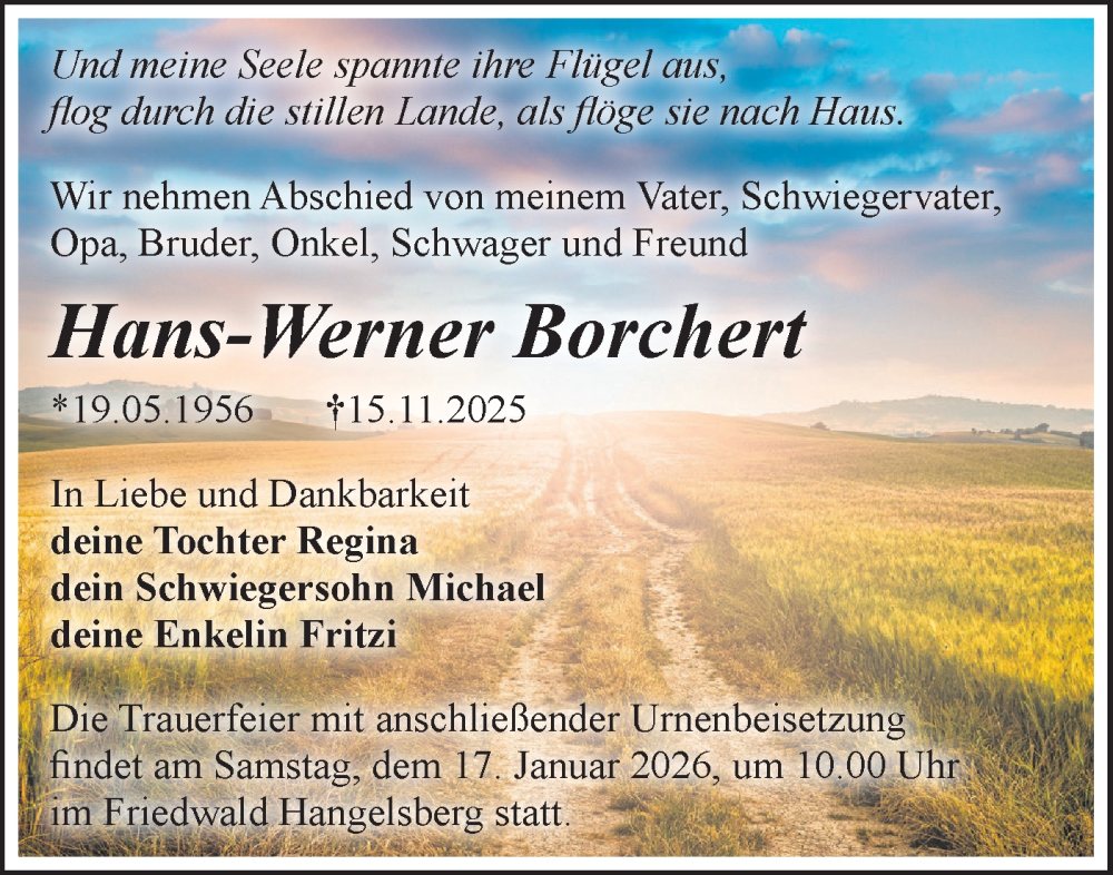  Traueranzeige für Hans-Werner Borchert vom 29.11.2025 aus MO Oderld.-Echo