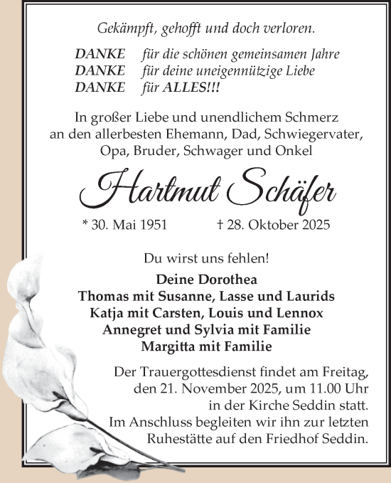 Traueranzeige von Hartmut Schäfer von Blickpunkt Potsdam/Werder