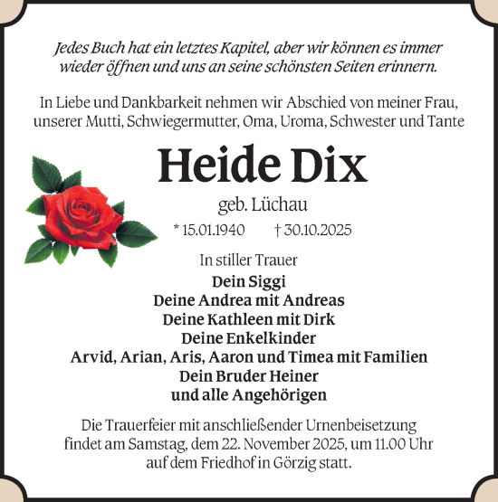 Traueranzeige von Heide Dix von Märkische Oderzeitung