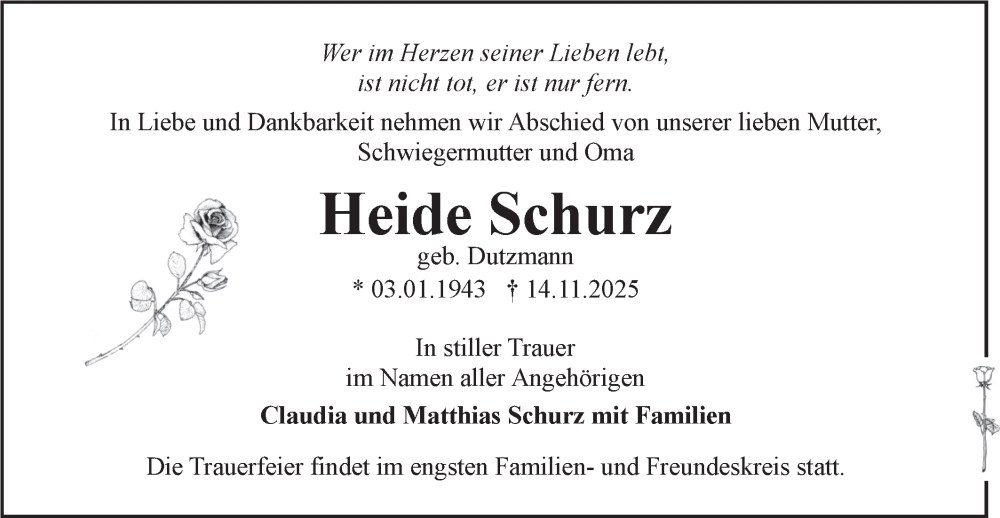  Traueranzeige für Heide Schurz vom 22.11.2025 aus Märkische Oderzeitung