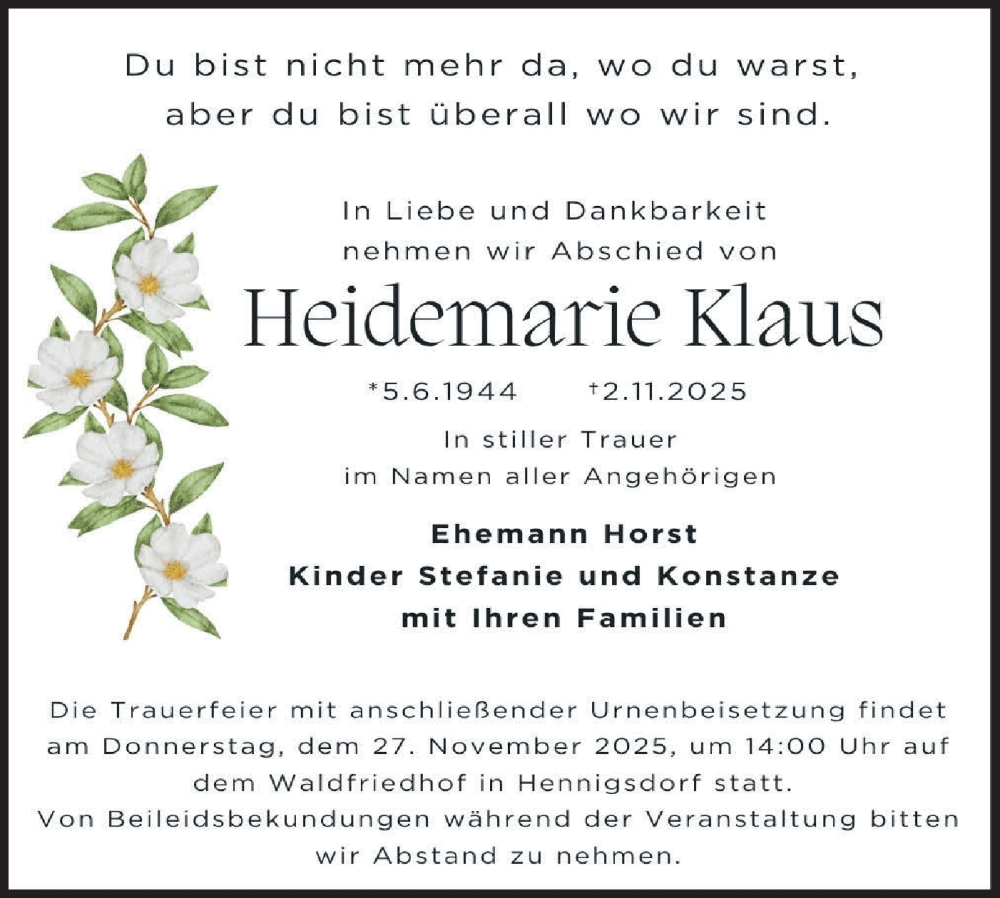  Traueranzeige für Heidemarie Klaus vom 15.11.2025 aus Märkische Oderzeitung