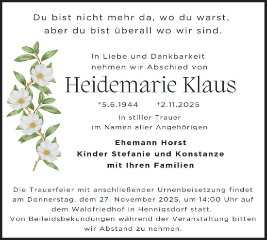 Traueranzeige von Heidemarie Klaus von Märkische Oderzeitung