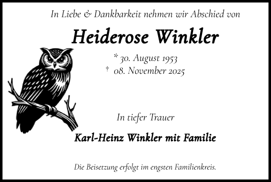 Traueranzeige von Heiderose Winkler von Blickpunkt Königs Wusterhausen