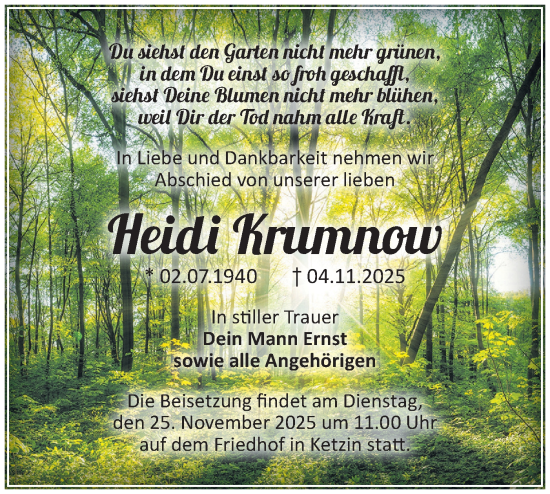 Traueranzeige von Heidi Krumnow von Märkische Oderzeitung