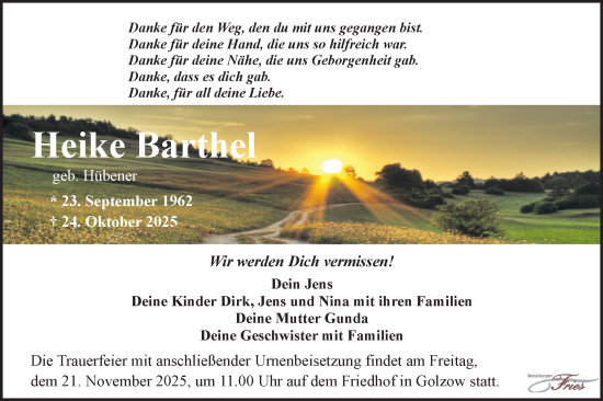 Traueranzeige von Heike Barthel von Märkische Oderzeitung