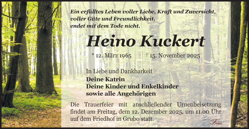  Traueranzeige für Heino Kuckert vom 29.11.2025 aus Märkische Oderzeitung