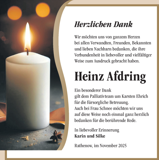 Traueranzeige von Heinz Afdring von Märkische Oderzeitung