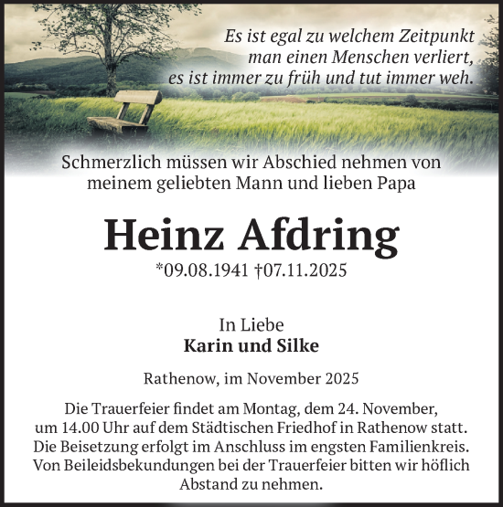 Traueranzeige von Heinz Afdring von Märkische Oderzeitung