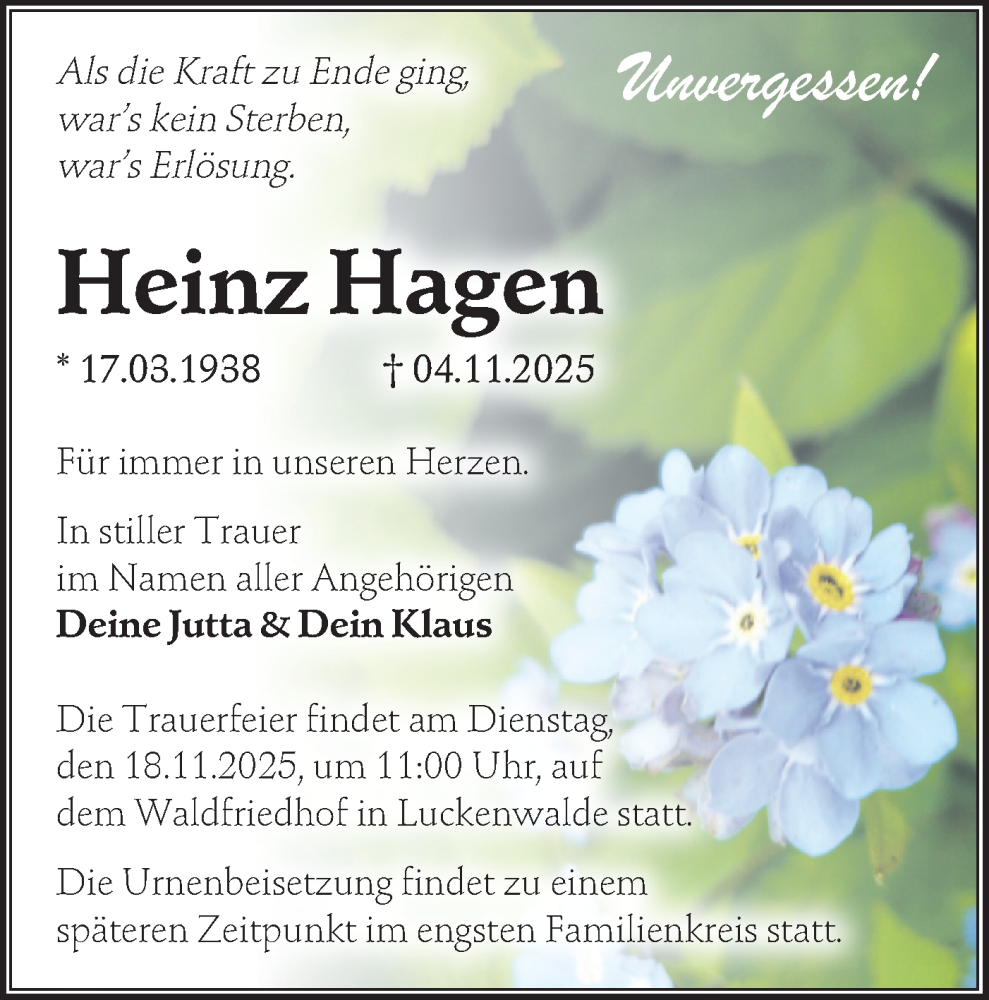  Traueranzeige für Heinz Hagen vom 15.11.2025 aus Blickpunkt Jüterbog/Luckenwalde