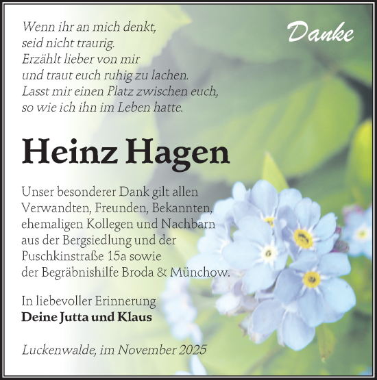 Traueranzeige von Heinz Hagen von Blickpunkt Jüterbog/Luckenwalde