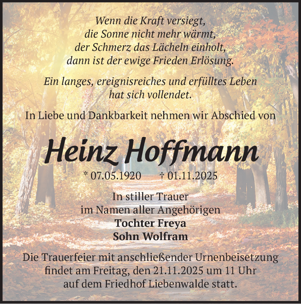  Traueranzeige für Heinz Hoffmann vom 15.11.2025 aus Märkische Oderzeitung