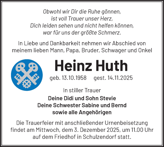 Traueranzeige von Heinz Huth von Märkische Oderzeitung
