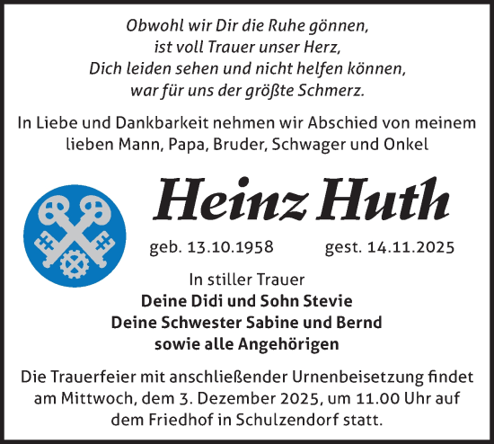 Traueranzeige von Heinz Huth von Märkische Oderzeitung