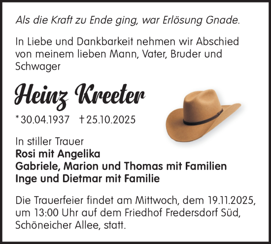 Traueranzeige von Heinz Kreeter von Märkische Oderzeitung