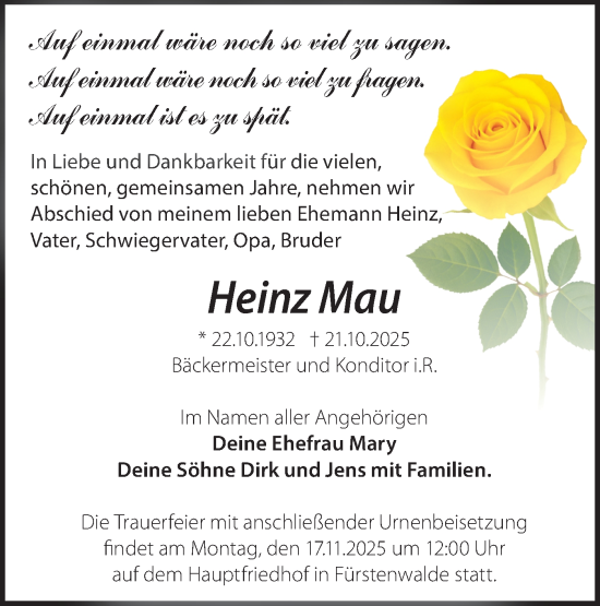 Traueranzeige von Heinz Mau von Märkische Oderzeitung