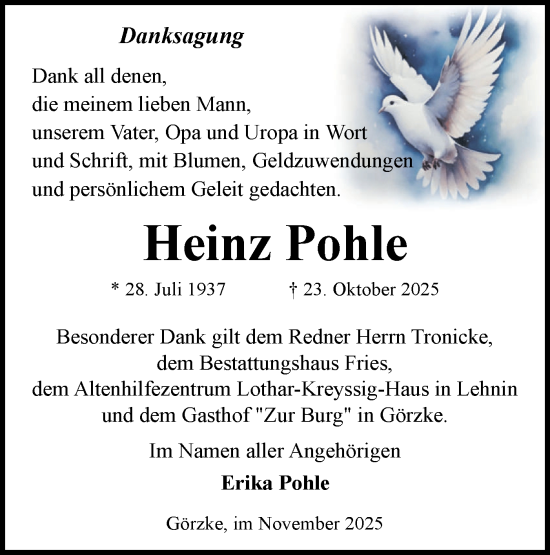 Traueranzeige von Heinz Pohle von Märkische Oderzeitung