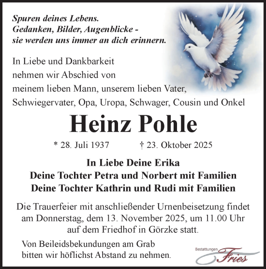 Traueranzeige von Heinz Pohle von Märkische Oderzeitung