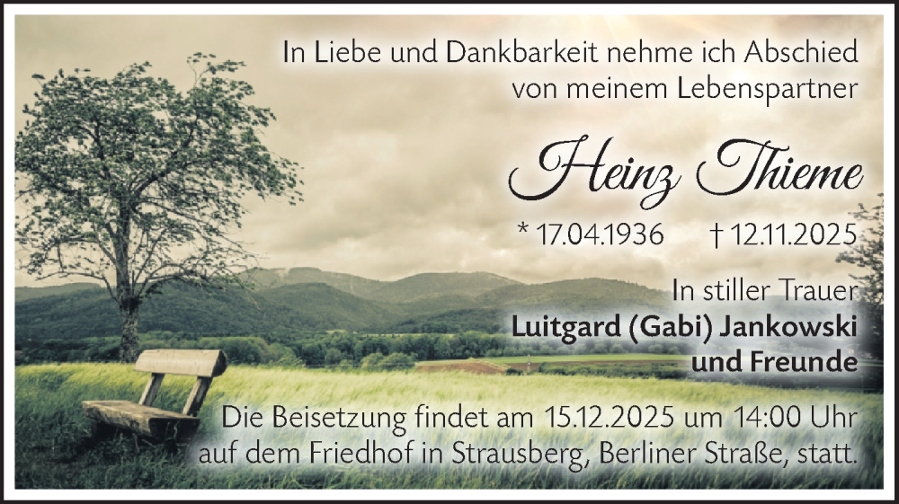  Traueranzeige für Heinz Thieme vom 22.11.2025 aus Märkische Oderzeitung