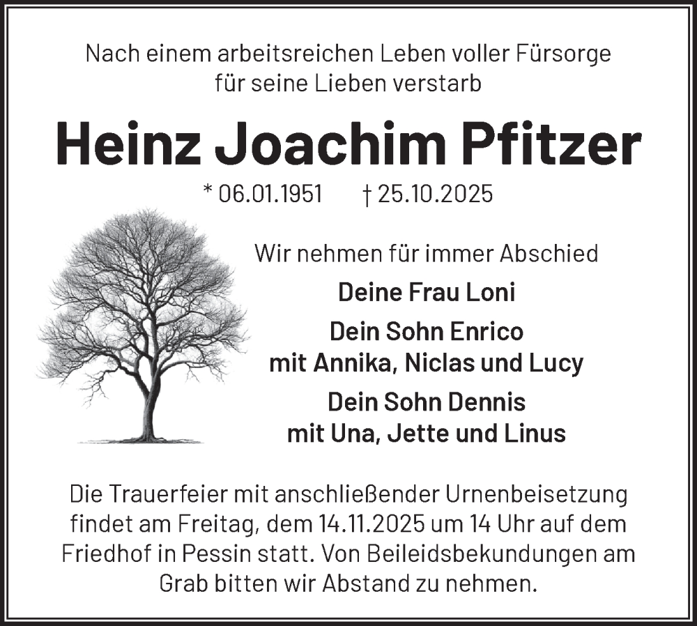 Traueranzeige für Heinz Joachim Pfitzer vom 01.11.2025 aus Märkische Oderzeitung