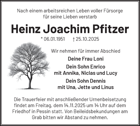 Traueranzeige von Heinz Joachim Pfitzer von Märkische Oderzeitung