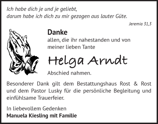 Traueranzeige von Helga Arndt von Märkische Oderzeitung