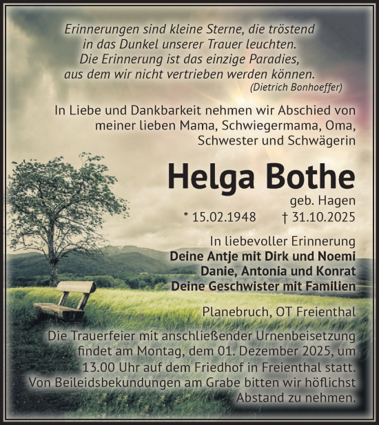 Traueranzeige von Helga Bothe von Märkische Oderzeitung