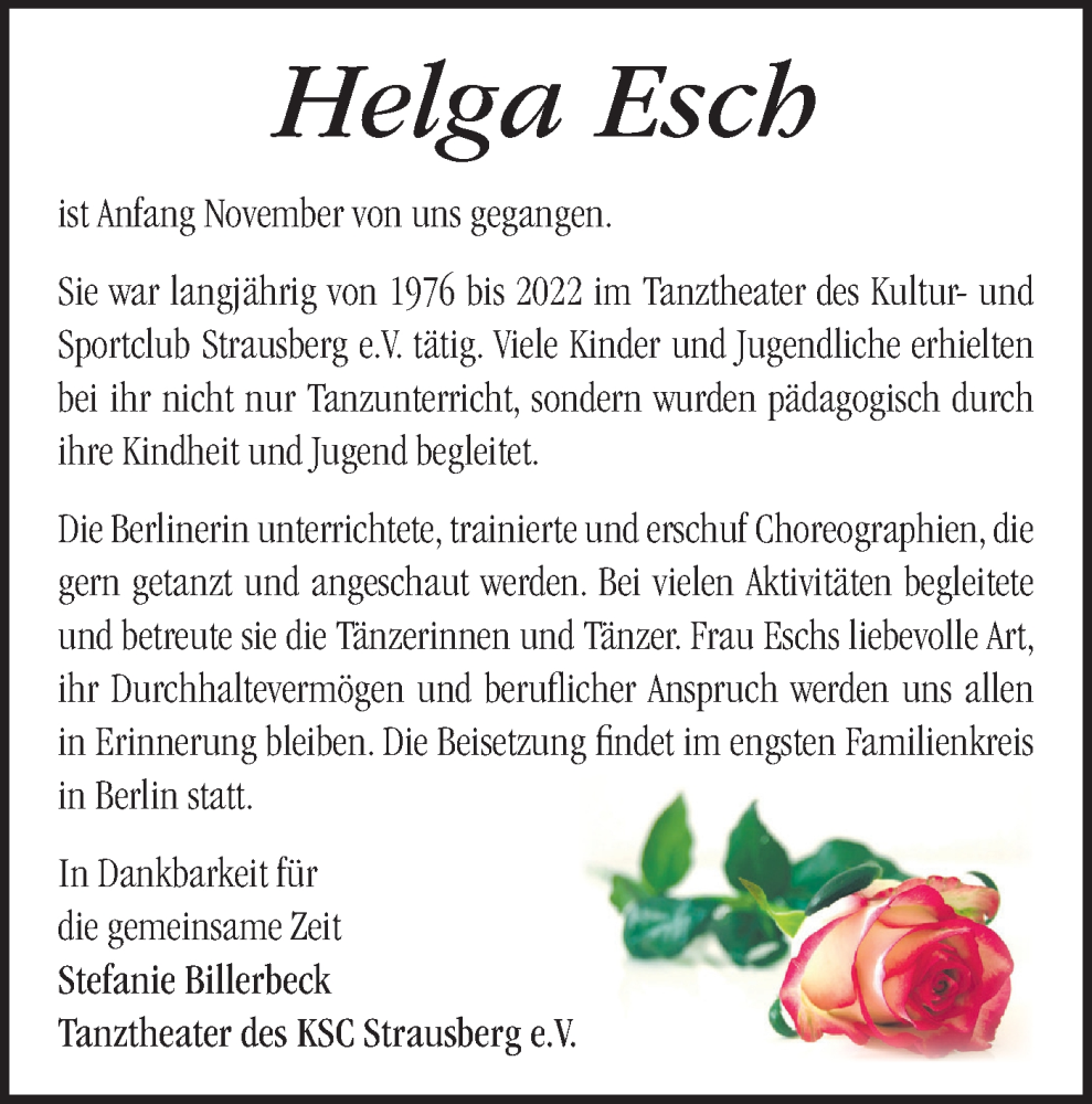  Traueranzeige für Helga Esch vom 15.11.2025 aus Märkische Oderzeitung