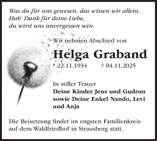 Traueranzeige von Helga Graband von Märkische Oderzeitung