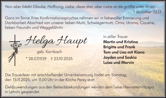 Traueranzeige von Helga Haupt von Märkische Oderzeitung