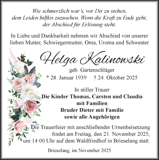Traueranzeige von Helga Kalinowski von Märkische Oderzeitung