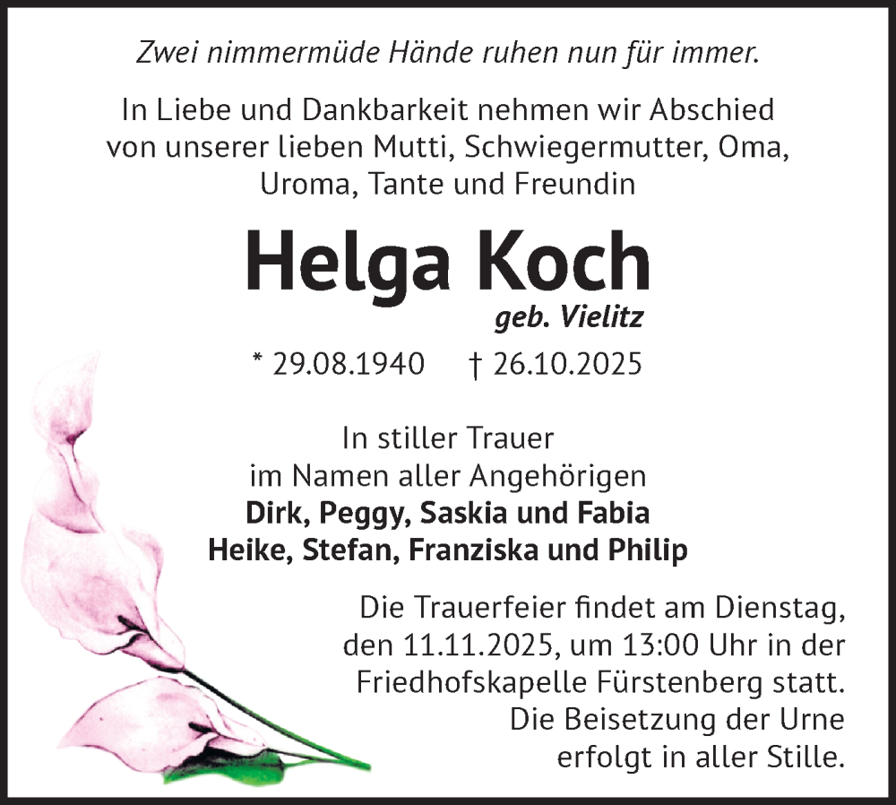  Traueranzeige für Helga Koch vom 05.11.2025 aus Märkische Oderzeitung