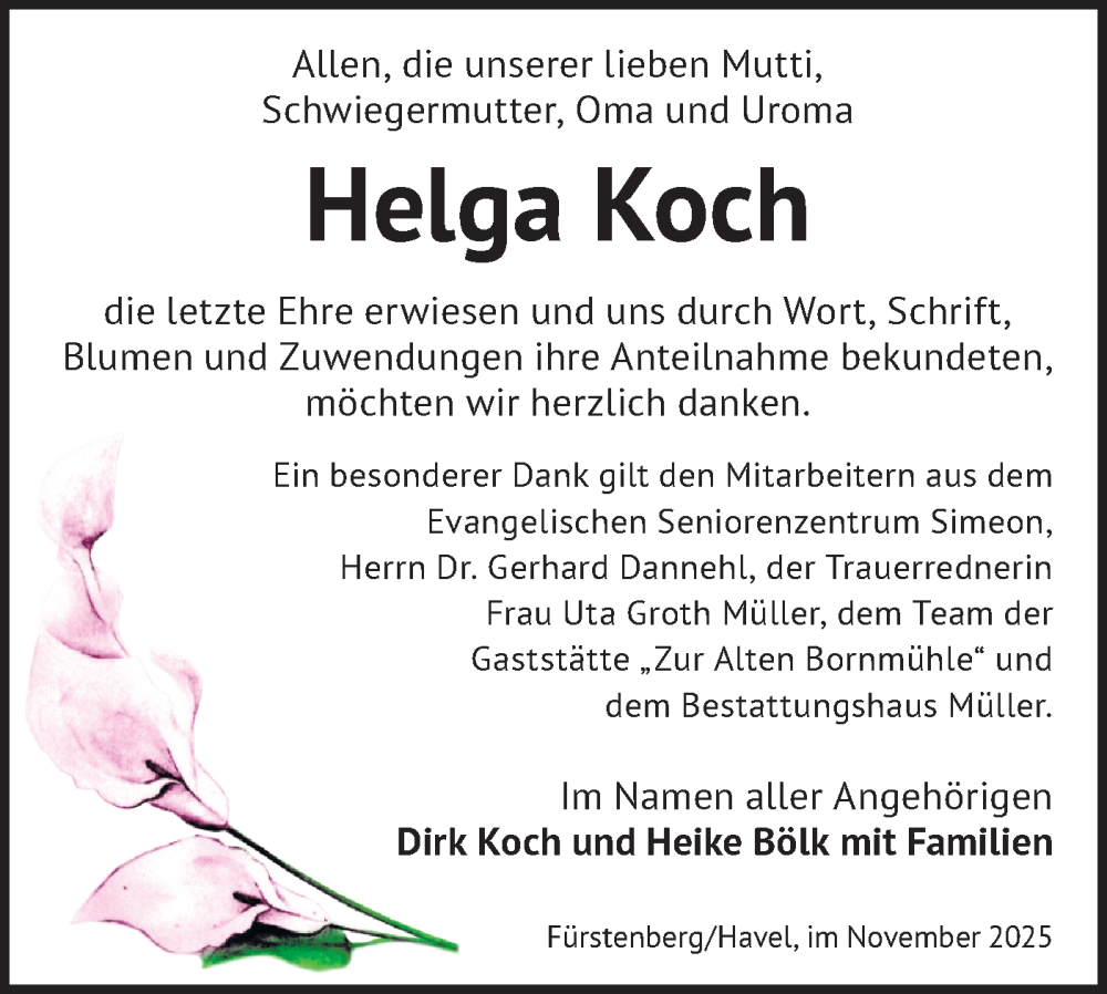  Traueranzeige für Helga Koch vom 15.11.2025 aus Märkische Oderzeitung
