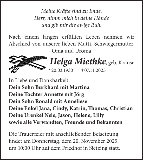 Traueranzeige von Helga Miethke von MO Oderld.-Echo