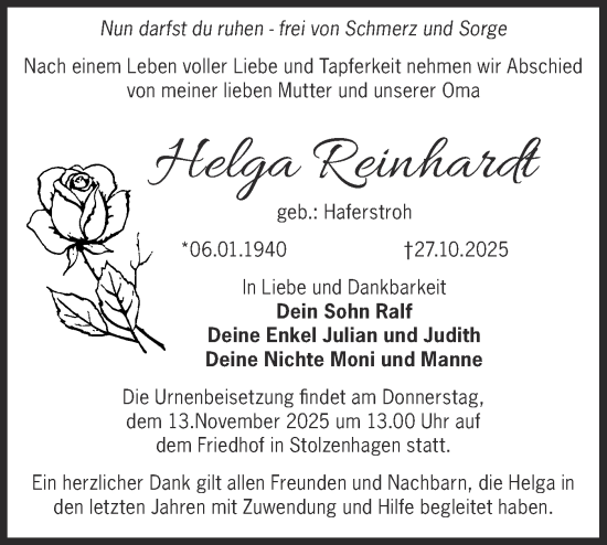 Traueranzeige von Helga Reinhardt von Märkische Oderzeitung