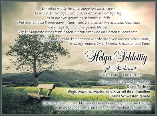 Traueranzeige von Helga Schlottig von Märkische Oderzeitung