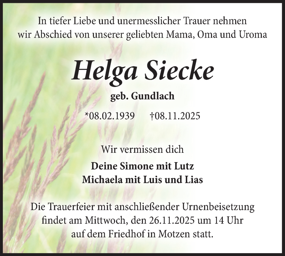  Traueranzeige für Helga Siecke vom 15.11.2025 aus Blickpunkt Königs Wusterhausen