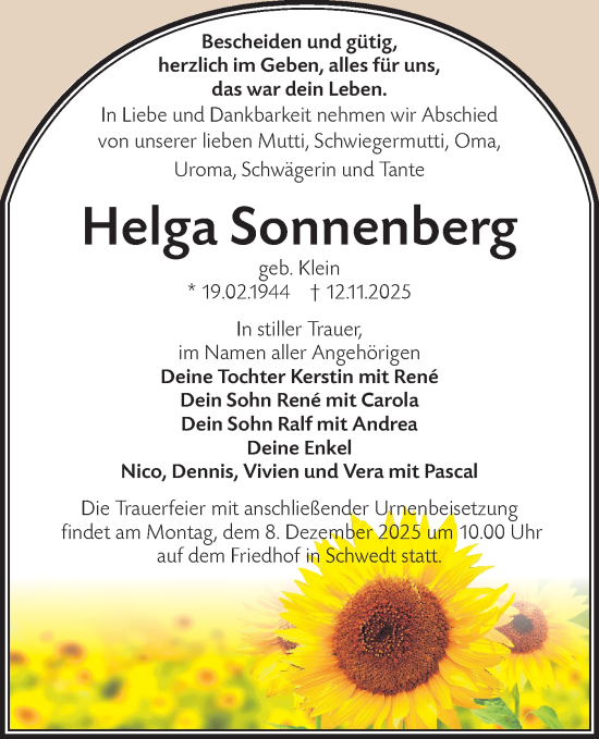 Traueranzeige von Helga Sonnenberg von MO Uckerm.-Anz.