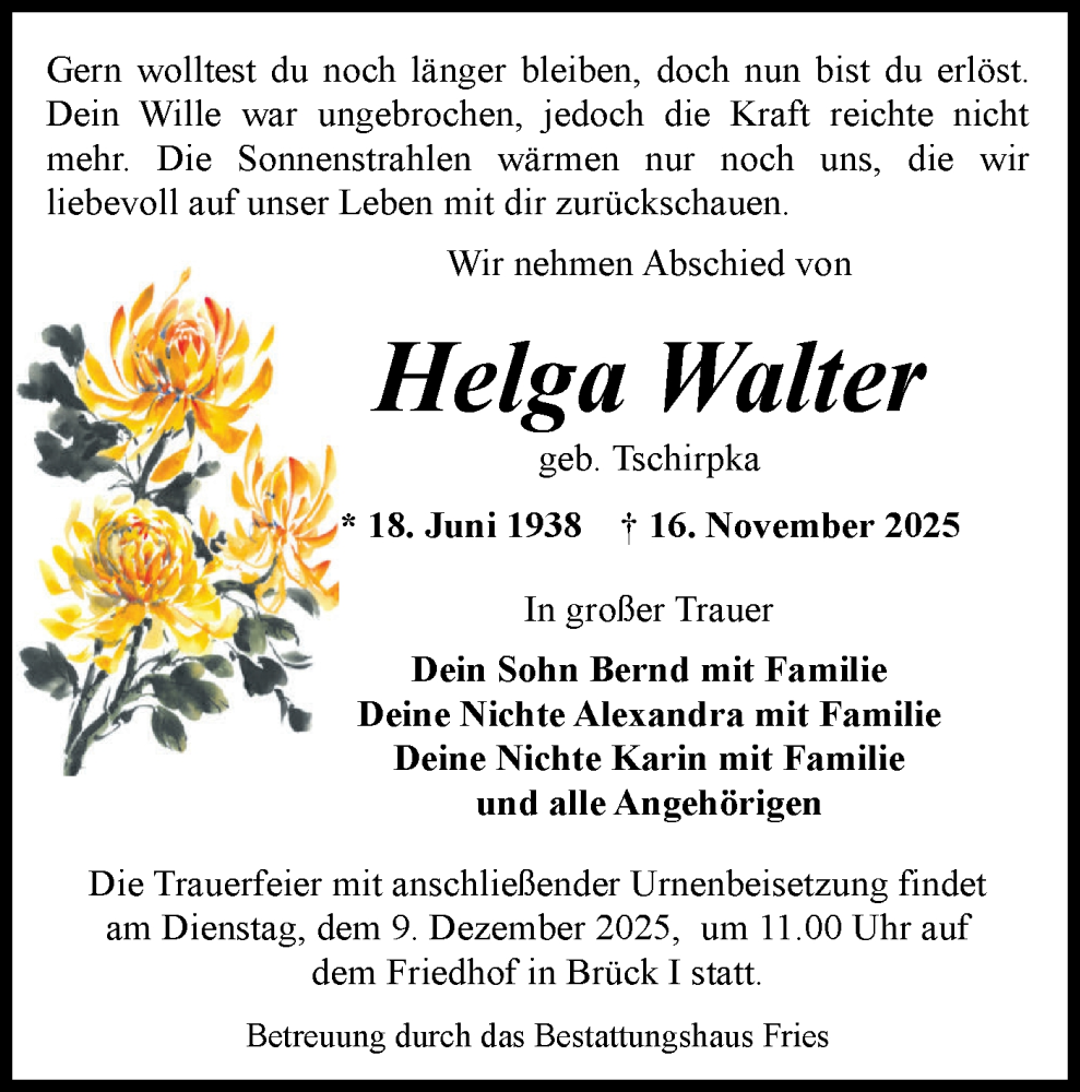  Traueranzeige für Helga Walter vom 29.11.2025 aus Märkische Oderzeitung