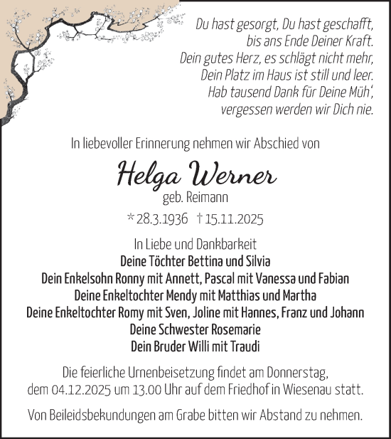 Traueranzeige von Helga Werner von Märkische Oderzeitung