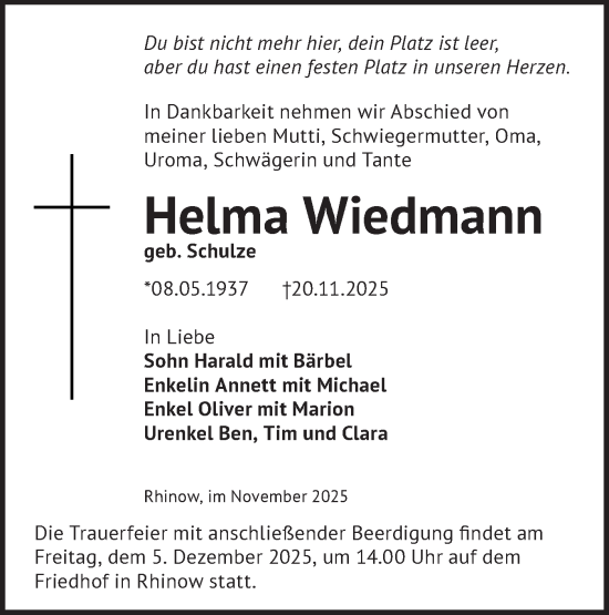 Traueranzeige von Helma Wiedmann von Märkische Oderzeitung