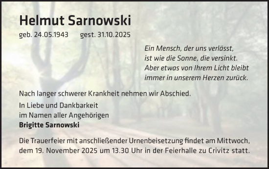 Traueranzeige von Helmut Sarnowski von Märkische Oderzeitung