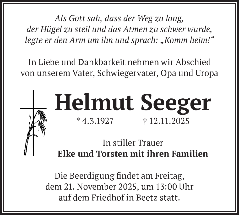  Traueranzeige für Helmut Seeger vom 15.11.2025 aus Märkische Oderzeitung