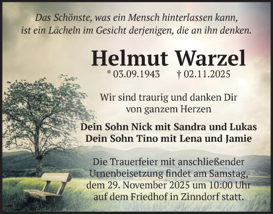 Traueranzeige von Helmut Warzel von Märkische Oderzeitung