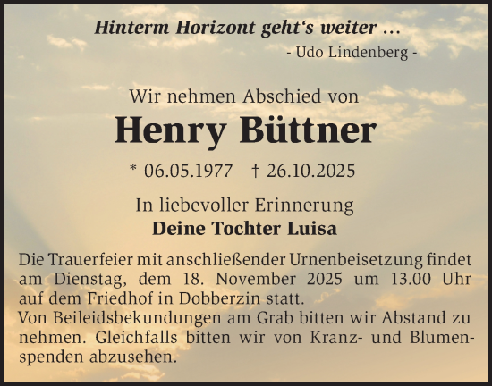 Traueranzeige von Henry Büttner von MO Uckerm.-Anz.
