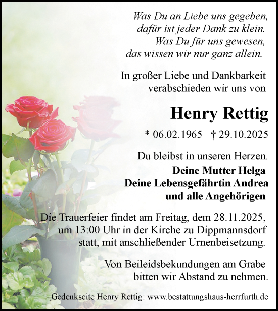 Traueranzeige von Henry Rettig von Märkische Oderzeitung